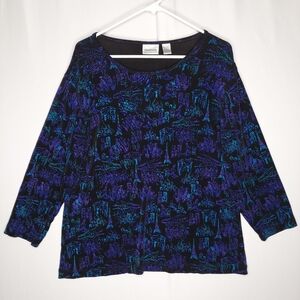 Chicos Travelers Top XL Slinkly Stretch Long Sleeve Scenic People Print Artsy